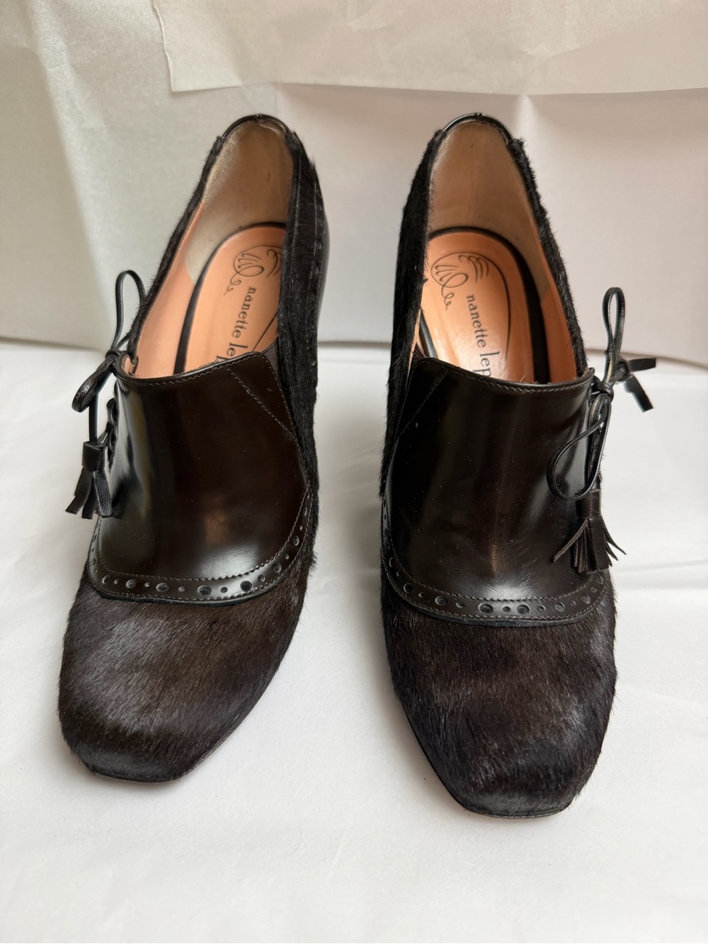 Nanette Lepore brown Fur & Leather Lace-Up Heels